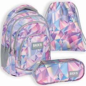 Zestaw szkolny dla dziewczynki 3w1 Back Up – plecak + piórnik z wyposażeniem + worek fioletowy, z błyszczącymi kryształami26 l