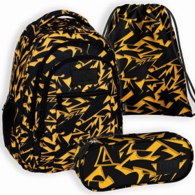 Zestaw szkolny dla chłopca 3w1 Back Up – plecak + piórnik z wyposażeniem + worek, czarny w zygzaki, 26 l