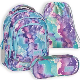 Zestaw szkolny dla dziewczynki 3w1 Back Up – plecak + piórnik z wyposażeniem + worek, marmur różowo-fioletowy, 26 l