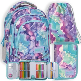 Zestaw szkolny dla dziewczynki 3w1 Back Up – plecak + piórnik z wyposażeniem + worek, marmur różowo-fioletowy, 26 l