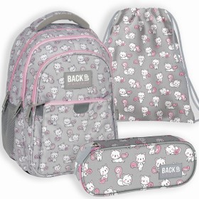 Zestaw szkolny dla dziewczynki 3w1 Back Up – plecak + piórnik z wyposażeniem + worek szary z kotkami, do pierwszej klasy