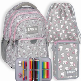 Zestaw szkolny dla dziewczynki 3w1 Back Up – plecak + piórnik z wyposażeniem + worek, szary w śliczne kotki, do pierwszej klasy