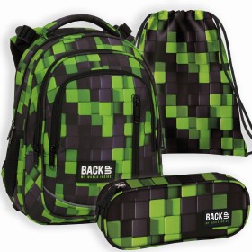 Zestaw szkolny dla chłopca 3w1 Back Up – plecak + piórnik z wyposażeniem + worek, czarny gamingowy z zielonym, do pierwszej klasy