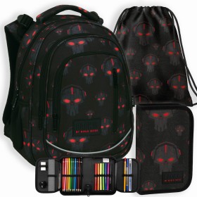 Zestaw szkolny dla chłopca 3w1 Back Up – plecak + piórnik z wyposażeniem + worek, czarny z robotem, do pierwszej klasy