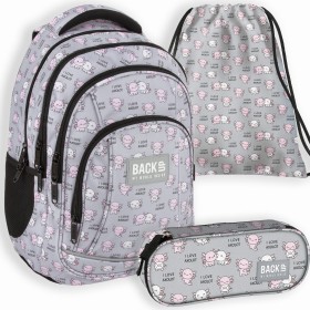 Zestaw szkolny dla dziewczynki 3w1 Back Up – plecak + pórnik + worek z aksolotem szary, 26 l