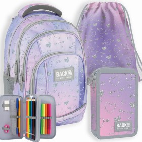Zestaw szkolny dla dziewczynki 3w1 Back Up – plecak + pórnik z wyposażeniem + worek, srebrne serca, fioletowy, brokatowy, 26 l
