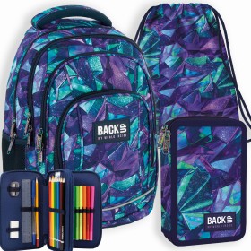 Zestaw szkolny dla dziewczynki 3w1 Back Up – plecak + piórnik z wyposażeniem + worek, błyszczące kryształy, fioletowy, 26 l