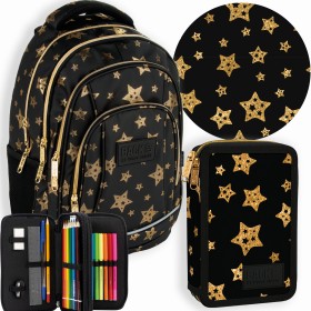 Zestaw szkolny dla dziewczynki 2w1 Back Up – plecak + pórnik z wyposażeniem złote gwiazdy, czarny, 26 l