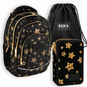 Zestaw szkolny dla dziewczynki 3w1 Back Up – plecak + pórnik z wyposażeniem + worek złote gwiazdy, czarny, 26 l