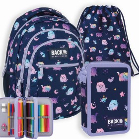 Zestaw szkolny dla dziewczynki 3w1 Back Up – plecak + pórnik z wyposażeniem + worek, kotki pusheen, granatowy 26 l