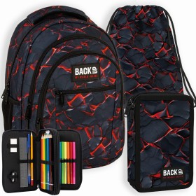 Zestaw szkolny dla chłopca 3w1 Back Up – plecak + pórnik z wyposażeniem + worek, lawa czerwono-czarna, motyw erupcji, 26 l