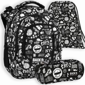 Zestaw szkolny dla chłopca 3w1 Back Up – plecak + pórnik + worek, graffiti, street art, czarny, do pierwszej klasy