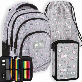 Zestaw szkolny dla dziewczynki 3w1 Back Up – plecak + pórnik z wyposażeniem + worek z aksolotem szary, 26 l