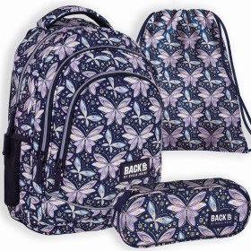 Zestaw szkolny dla dziewczynki 3w1 Back Up – plecak + piórnik + worek, motyle i wróżki, granatowy, 26 l