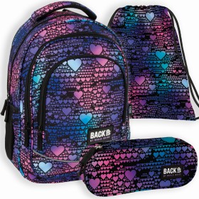 Zestaw szkolny dla dziewczynki 3w1 Back Up – plecak + piórnik + worek, fioletowe serca, romantyczny wzór, 26 l