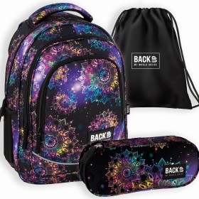 Zestaw szkolny dla dziewczynki 3w1 Back Up – plecak + piórnik + worek, magiczna mandala, czarny, 26 l