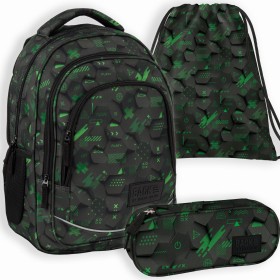 Zestaw szkolny dla chłopca 3w1 Back Up – plecak + piórnik + worek, efekt 3D, czarno-zielony, 26 l