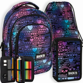 Zestaw szkolny dla dziewczynki 3w1 Back Up – plecak + piórnik z wyposażeniem + worek, fioletowe serca, romantyczny wzór, 26 l