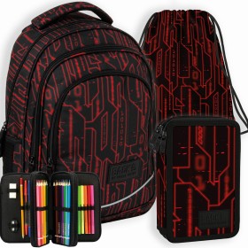 Zestaw szkolny dla chłopca 3w1 Back Up – plecak + piórnik z wyposażeniem + worek, efekt 3D, czarny, 26 l