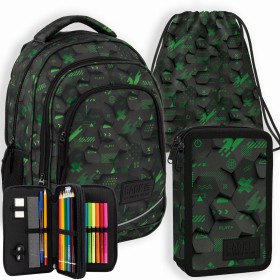 Zestaw szkolny dla chłopca 3w1 Back Up – plecak + piórnik + worek, efekt 3D, czarno-zielony, 26 l