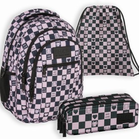 Zestaw szkolny dla dziewczynki 3w1 Back Up – plecak + piórnik + worek, szachownica z axolotlem, kratka, 26 l