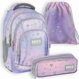 Zestaw szkolny dla dziewczynki 3w1 Back Up – plecak + pórnik + worek, srebrne serca, fioletowy, brokatowy, 26 l
