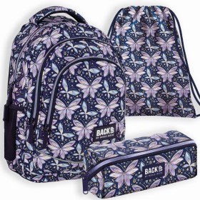 Zestaw szkolny dla dziewczynki 3w1 Back Up – plecak + piórnik + worek, motyle i wróżki, granatowy, 26 l