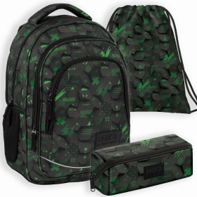 Zestaw szkolny dla chłopca 3w1 Back Up – plecak + piórnik + worek, efekt 3D, czarno-zielony, 26 l