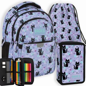Zestaw szkolny dla dziewczynki plecak +piórnik + wyposażenie + worek słodkie kotki, fioletowy