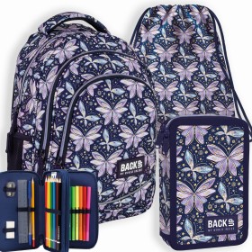 Zestaw szkolny dla dziewczynki 3w1 Back Up – plecak + piórnik z wyposażeniem + worek, motyle i wróżki, granatowy, 26 l