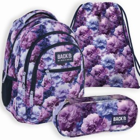 Zestaw szkolny dla dziewczynki 3w1 Back Up – plecak + piórnik + worek, kwiaty wiosenne, różowy, 26 l