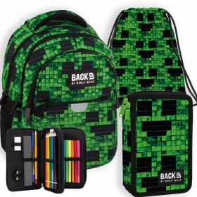Zestaw szkolny dla chłopca 3w1 Back Up – plecak + pórnik z wyposażeniem + worek, creeper, Minecraft, gamingowy, do pierwszej klasy