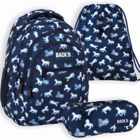 Zestaw szkolny dla dziewczynki 2w1 Back Up – plecak + piórnik  końmi, granatowy, 26 l